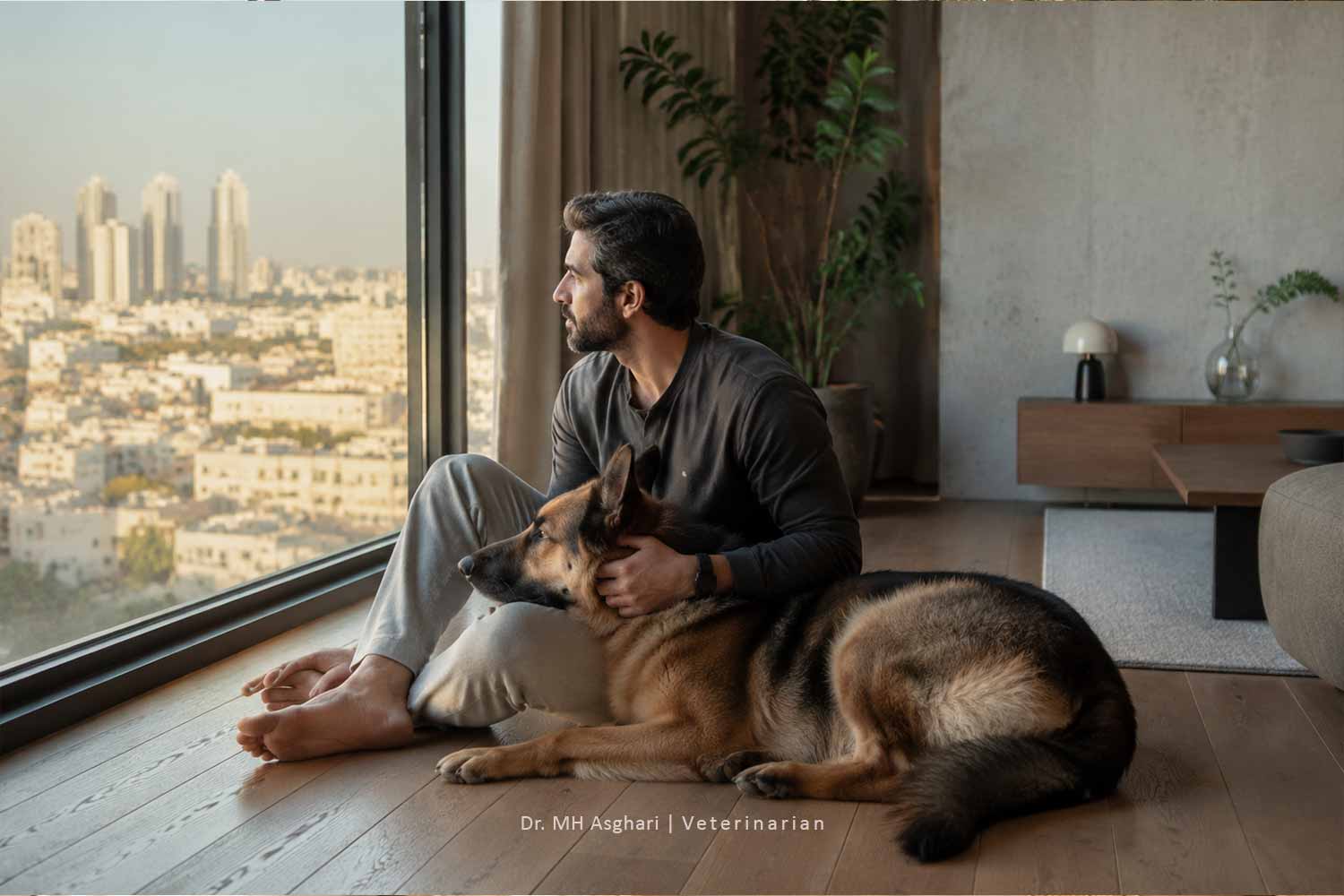 رابطه عاطفی عمیق میان صاحب سگ و حیوان خانگی در یک خانه مدرن در تهران