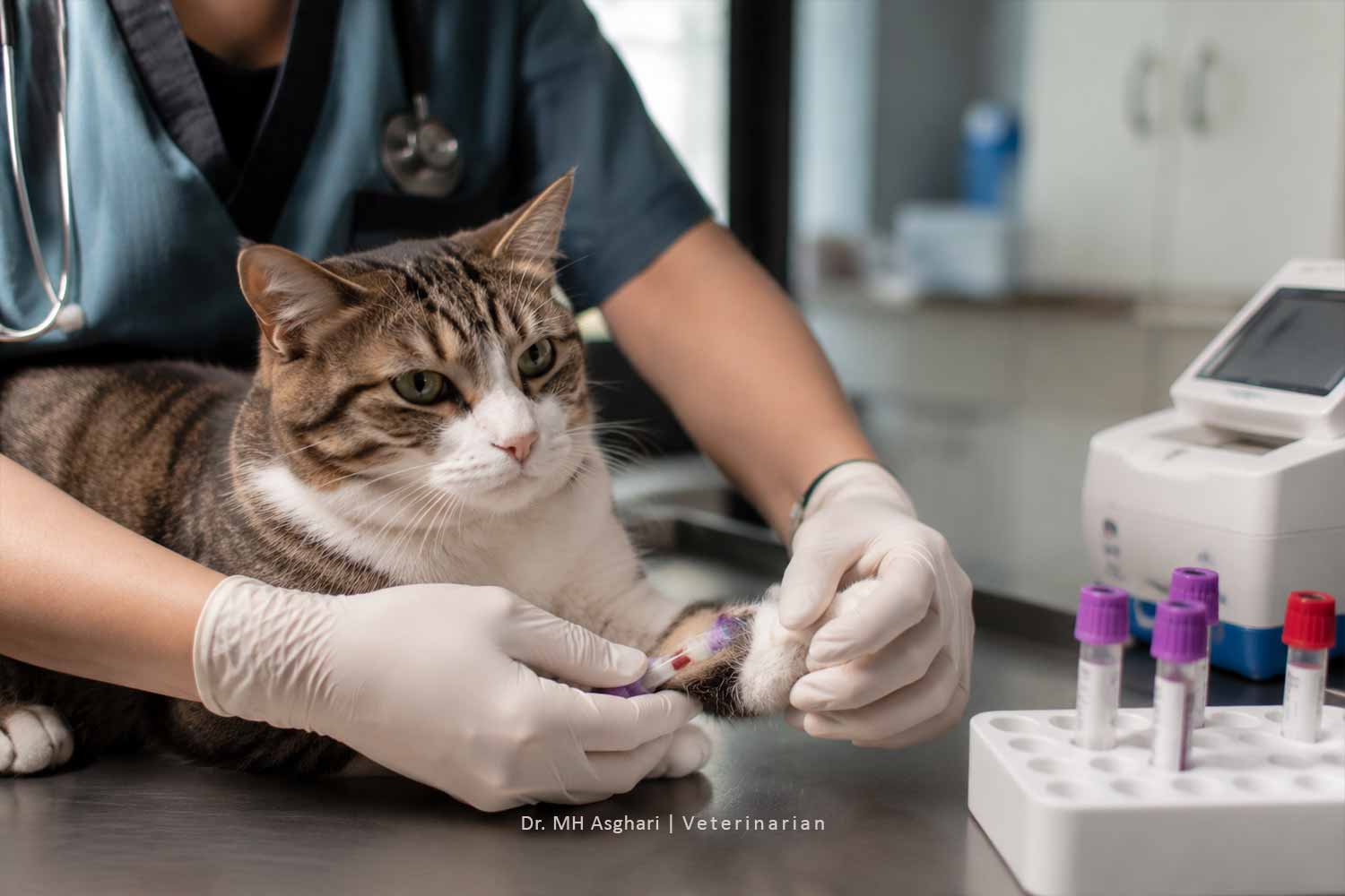 دامپزشک در حال انجام آزمایش خون برای تشخیص FIV در گربه