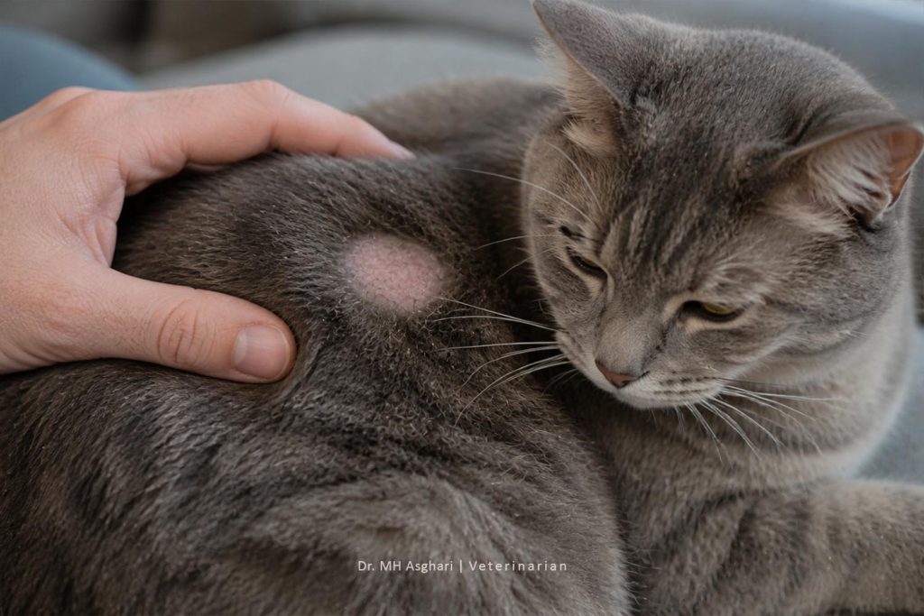لکه گرد بدون مو روی پوست گربه به عنوان نشانه قارچ پوستی در سگ و گربه (Ringworm)