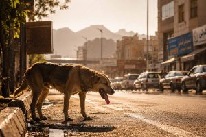 پیشگیری از گرمازدگی حیوانات خانگی ، سگی در حال ایستادن روی آسفالت داغ در روز گرم تابستانی با نشانه‌های استرس گرمایی