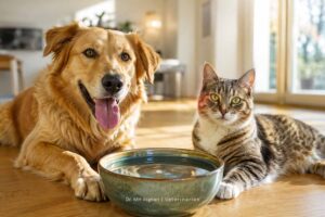 سگ و گربه در کنار ظرف آب در یک روز گرم تابستانی، میزان مصرف آب سگ و گربه | Water consumption of dogs and cats