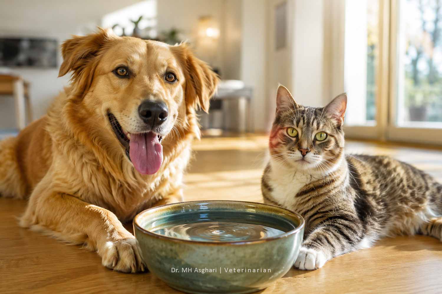 سگ و گربه در کنار ظرف آب در یک روز گرم تابستانی، میزان مصرف آب سگ و گربه | Water consumption of dogs and cats